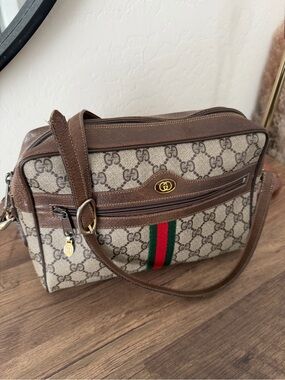 Gucci Vintage GG Supreme Web Stripe Shoulder Bag Brown Authenticated Made Italy